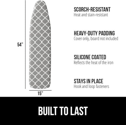 GORILLA GRIP The Original Ironing Board Cover and Pad, Silicone Coating, Thick Scorch Resistant Padding, Heavy Duty Iron Covers Standard Boards, Hook and Loop Fastener Strap, Quatrefoil Gray, 15x54
