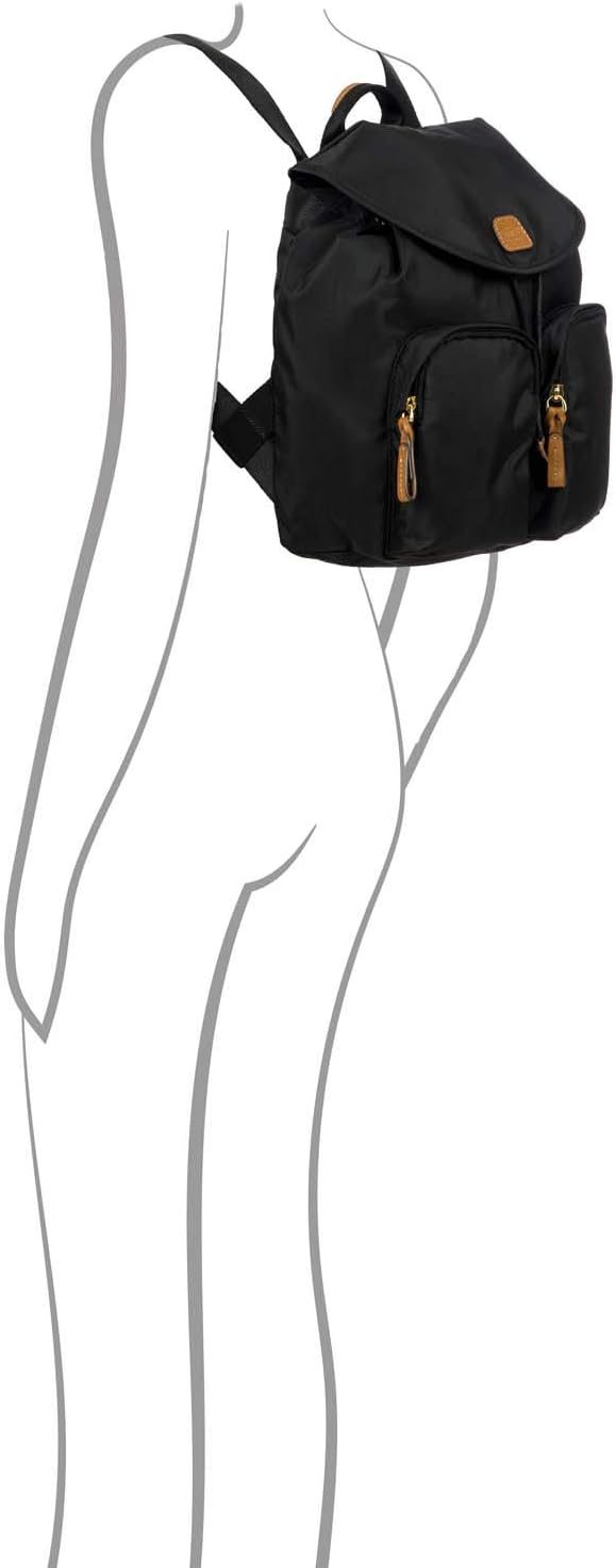 Bric's X-Travel Piccolo City Backpack 10", Water-Resistant Satin Nylon Daypack with Leather Details, Drawstring Closure, Adjustable Straps and Multi-Pocket Organization - Black