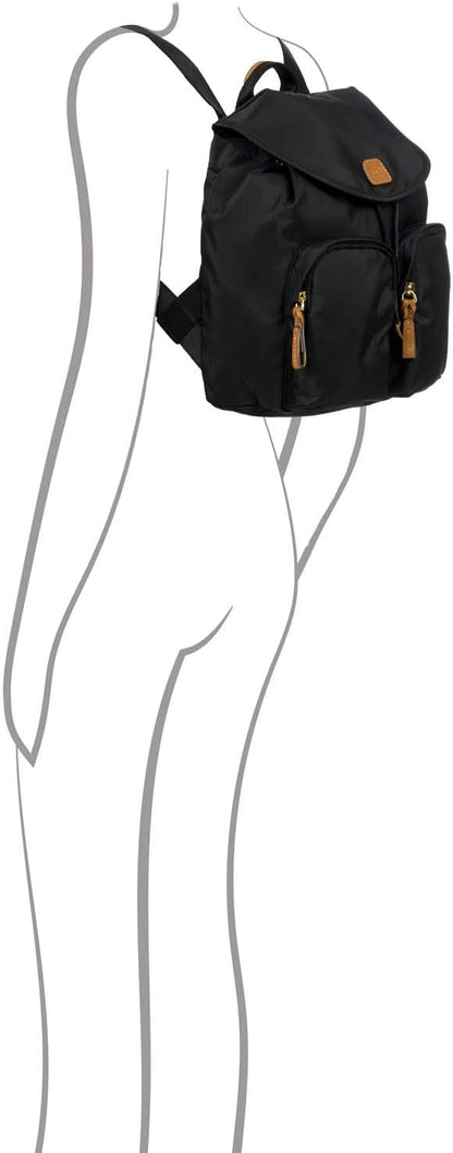 Bric's X-Travel Piccolo City Backpack 10", Water-Resistant Satin Nylon Daypack with Leather Details, Drawstring Closure, Adjustable Straps and Multi-Pocket Organization - Black