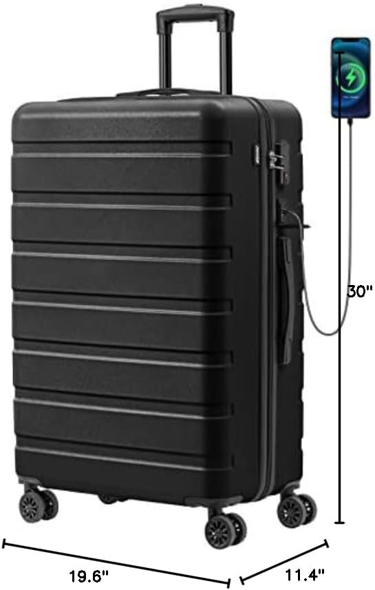 AnyZip Suitcase Hardside PC ABS Lightweight USB Luggage with Wheels TSA Lock Checked-Large 28 Inch Black
