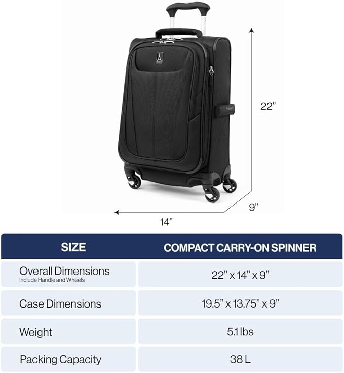 Travelpro Maxlite 5 Softside Expandable Luggage with 4 Spinner Wheels, Lightweight Suitcase, Men and Women, Ensign Blue, Compact Carry-on 20-Inch