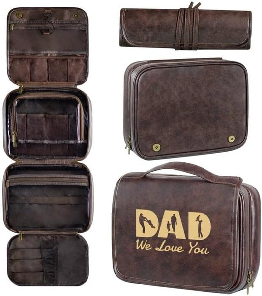ORYG Customizable 3-in-1 Hanging Toiletry Bag - PU Leather Initial Engraving Storage Pouch - Ideal Gift for Dad, Husband, or Boyfriend (Dark Brown)