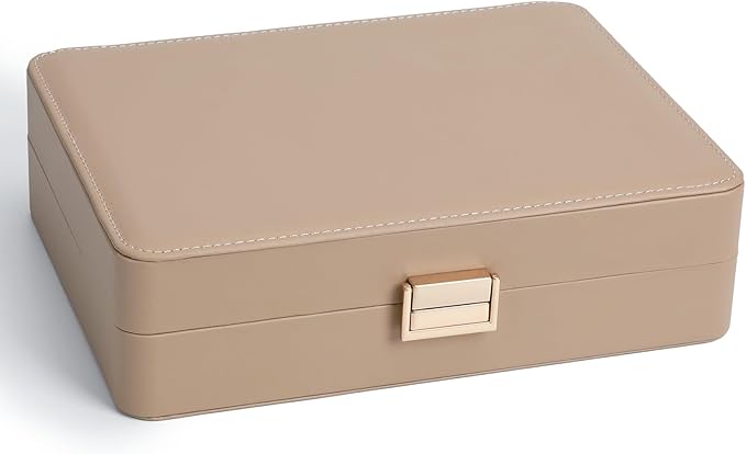 Leather Jewelry Box with Lock Small Jewelry Chest for Women Gift Box for Necklace, Ring, Earring Storage Portable Design Apricot