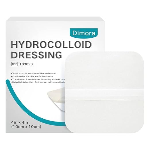 Dimora Hydrocolloid Dressing 4" x 4" for Wound Care, 10 Pcs Large Patch Bandages with Self-Adhesive for Bedsore, Burn, Blister, Acne Care, Super Absorbent for Fast Healing