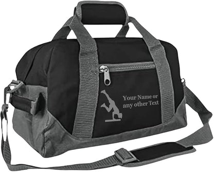 Personalized Passion 14” Small Sports Duffel Bags for Kids - Waterproof Travel Duffle with Name & Gymnastics Design - Black/Gray Two-Toned Kids Weekender Bag for Boys and Girls