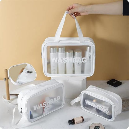 Clear Travel Bags for Toiletries, 3Pcs Portable PVC Waterproof Cosmetic Bags, Transparent Travel Storage Carry Pouch, Toiletry Bags and Cosmetics Organizer for Women Men (A-White)