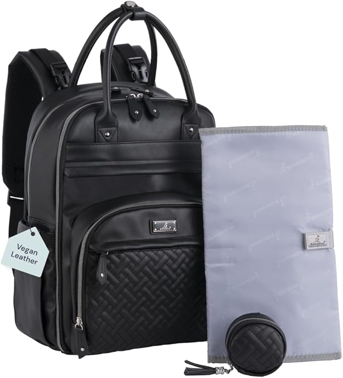 BabbleRoo Leather Diaper Bag Backpack - Baby Essentials Travel Baby Bag, Multi function, with Changing Pad, Stroller Straps & Pacifier Case – Unisex, Black