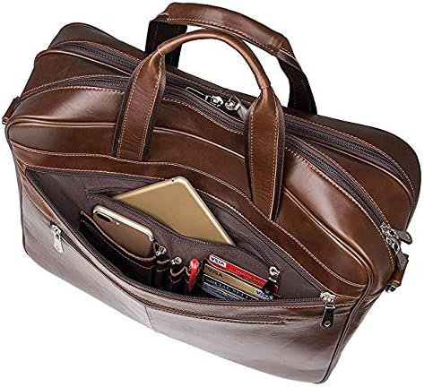 Augus Business Travel Briefcase Genuine Leather Duffel Bags for Men Laptop Bag fits 15.6 inches Laptop YKK Zipper (Brown)