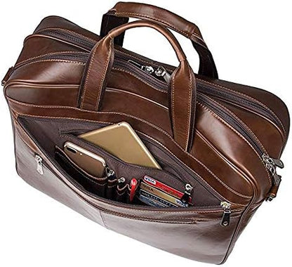 Augus Business Travel Briefcase Genuine Leather Duffel Bags for Men Laptop Bag fits 15.6 inches Laptop YKK Zipper (Brown)