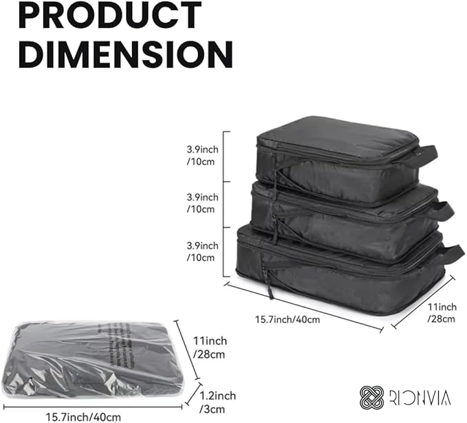 3-Piece Compression Packing Cubes Set – Lightweight Waterproof Luggage Organizers with Handles and Zippers, Space-Saving Travel Packing Organizers for Suitcases, Men & Women