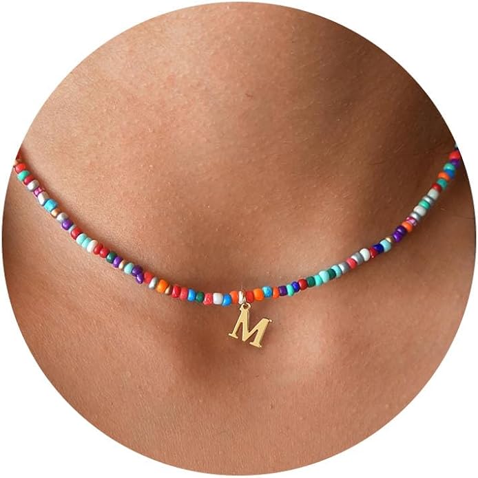 Yoosteel Christmas Gifts for Teen Girls Grandkids - Colorful Beaded Initial Necklace for Girls Jewelry A-Z Letter Choker Necklace Birthday Gifts Stocking Stuffers for Teenage Girl Women Gifts