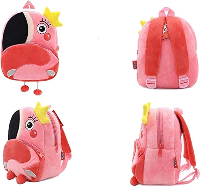 KISSOURBABY 3D Cute Cartoon Little Plush Baby Backpack Baby Toy Bag(Flamingo)