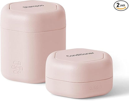 Cadence Travel Containers - 2 Piece Haircare Set - Magnetic Travel Capsules - For Shampoo, Conditioner, Hair Styling Product - 1 Small & 1 Medium Capsule - Shampoo & Conditioner Labels - Petal