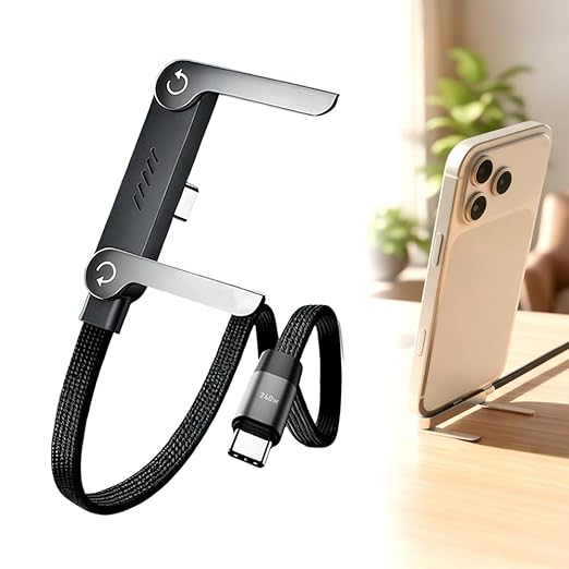 Fliwos 240W Braided Fast Charge Cable with Built-in Phone Stand, Type-C Charging Cable with Adjustable Phone Holder, Multi-Functional Charger Cord for Laptop, Smartphone and Tablet (Black 1Pcs)