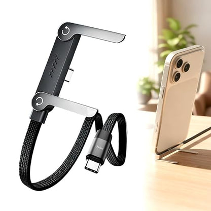 Fliwos 240W Braided Fast Charge Cable with Built-in Phone Stand, Type-C Charging Cable with Adjustable Phone Holder, Multi-Functional Charger Cord for Laptop, Smartphone and Tablet (Black 1Pcs)