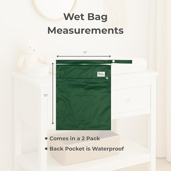 Nora's Nursery Wet Dry Bags with Two Zippered Pockets - Reusable and Washable Wet Bag for Swimming, Travel, Beach, Pool, Daycare, Cloth Diapers, Toiletries and Swimsuits - 11x15 - Forrest - 2 Pack