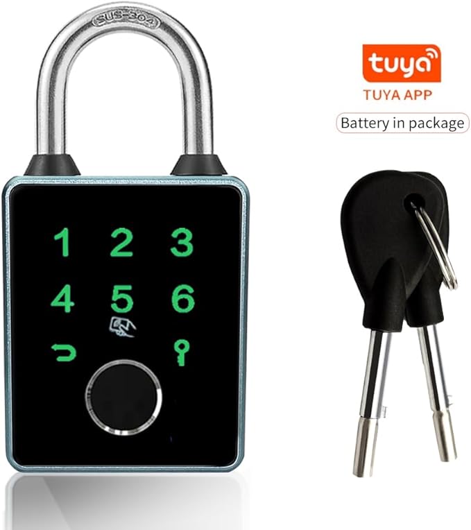 Smart Padlock with Key,Fingerprint Padlock Bluetooth Pad Lock with Code Tuya App 7.5mm Schackle Suitable for Gate Gym Warehouse School Fence,Outdoor,Warehouse, Sports, Bike