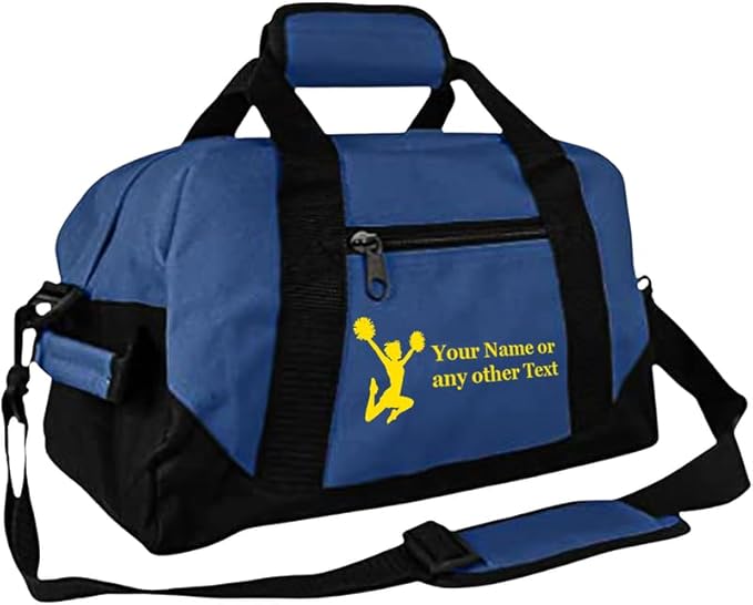 Personalized Passion 14” Small Sports Duffel Bags for Kids - Waterproof Travel Duffle with Name & Cheerleading Design - Navy Blue Two-Toned Kids Weekender Bag for Boys and Girls