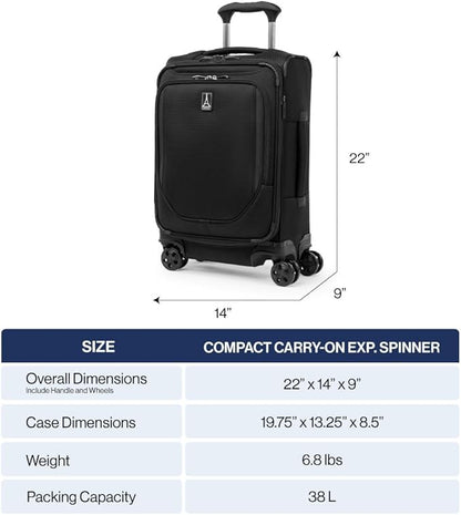 Travelpro Crew Classic Lightweight Softside Expandable Carry on Luggage, 8 Wheel Spinner Suitcase, Men and Women, Compact Carry On 20-Inch, Titanium Grey