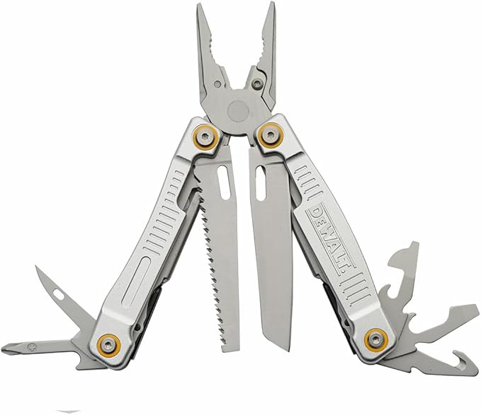DEWALT 12-in-1 Multi-Tool with Pliers, Knife, Saw, Screwdrivers, Bottle & Can Opener – Stainless Steel Folding Pocket Tool with Sheath & Belt Clip for Construction, Trades & Jobsite Use