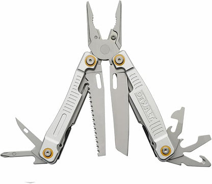 DEWALT 12-in-1 Multi-Tool with Pliers, Knife, Saw, Screwdrivers, Bottle & Can Opener – Stainless Steel Folding Pocket Tool with Sheath & Belt Clip for Construction, Trades & Jobsite Use