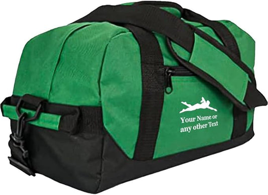 Personalized Passion 14” Small Sports Duffel Bags for Kids - Waterproof Travel Duffle with Name & Swimming Design - Dark Green Two-Toned Kids Weekender Bag for Boys and Girls