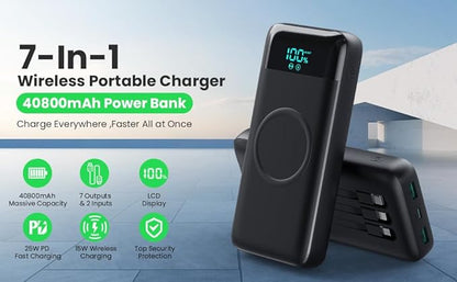 Wireless Portable Charger 40,800mAh with 3 Built-in Cables,15W Wireless Charging 25W PD QC4.0 Fast Charging USB-C Power Bank,7 Outputs Travel Essentials Battery Pack for iPhone 17/16/15/14,Android etc