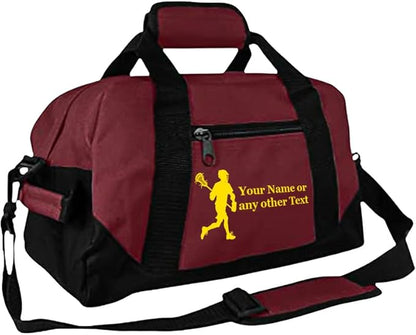 Personalized Passion 14” Small Sports Duffel Bags for Kids - Waterproof Travel Duffle with Name & Lacrosse Design - Maroon Two-Toned Kids Weekender Bag for Boys and Girls