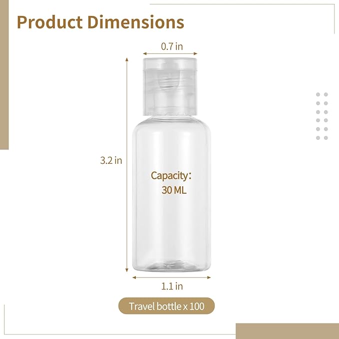 100 PCS 1OZ Travel Bottles with Flip Cap - 30 ml Clear Plastic Travel Size Containers, Portable Leak Proof Squeeze Bottles Refillable Empty Cosmetic Containers for Liquid Shampoo Lotion, Clear