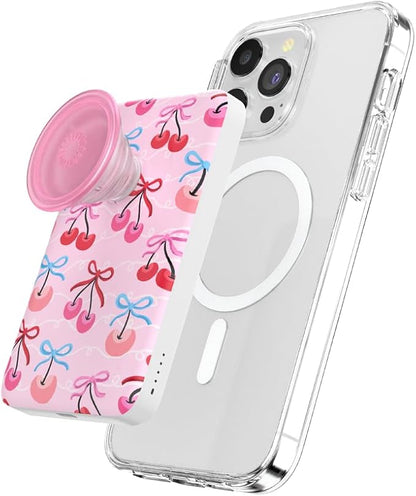 PopSockets PowerPack for MagSafe, Portable Phone Charger, Magnetic Wireless Portable Charger, 5000mAh - Cherry Bows