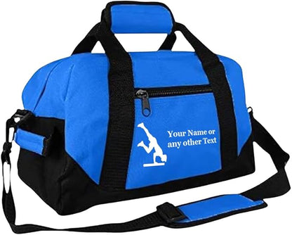 Personalized Passion 14” Small Sports Duffel Bags for Kids - Waterproof Travel Duffle with Name & Gymnastics Design - Royal Blue Two-Toned Kids Weekender Bag for Boys and Girls