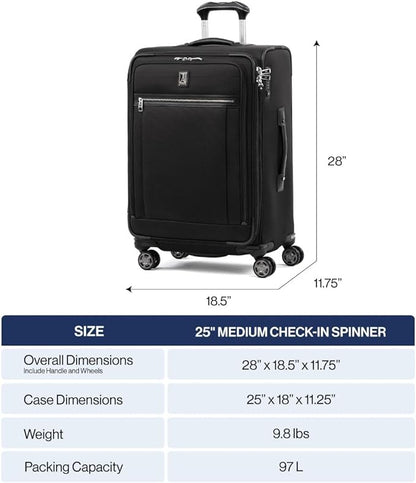 Travelpro Platinum Elite Softside Expandable Checked Luggage, 8 Wheel Spinner Suitcase, TSA Lock, Men and Women, Shadow Black, Checked Medium 25-Inch