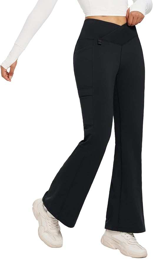 baleaf Women's Fleece Lined Pants Winter Thermal Water Resistant Crossover Flare Leggings Warm Bootcut Hiking Outdoor