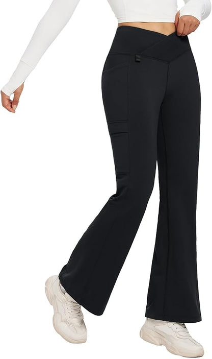 baleaf Women's Fleece Lined Pants Winter Thermal Water Resistant Crossover Flare Leggings Warm Bootcut Hiking Outdoor