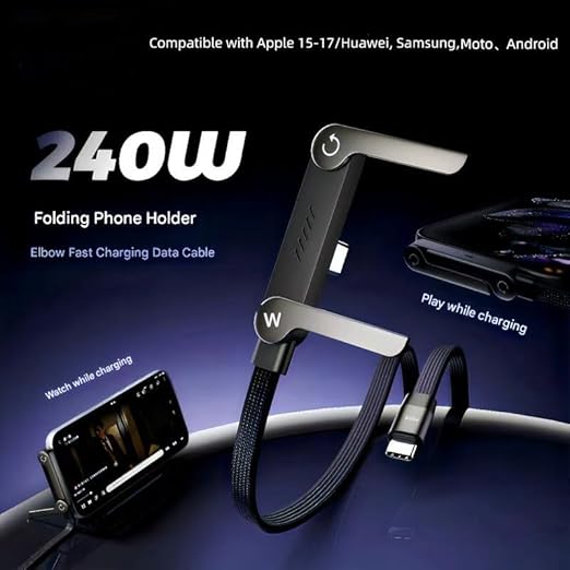 240W Braided Fast Charge Cable with Built-in Phone Stand, T-Shaped USB-C to USB-C Charger Cord with Foldable Holder (Type C to Type C)