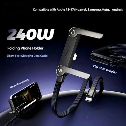 240W Braided Fast Charge Cable with Built-in Phone Stand, T-Shaped USB-C to USB-C Charger Cord with Foldable Holder (Type C to Type C)