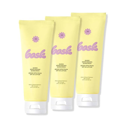 Bask Suncare SPF 50 Sheer Moisturizing Sunscreen Lotion - Broad Spectrum UVA/UVB Protection, Dermatologist Recommended, Hydrating, Lightweight & Non-Greasy, Travel Size (Value Pack of 3)