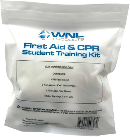 WNL Products 1402SF 100 Pack First Aid & CPR Training Kits for Students, Includes CPR Training Face Shield, Guaze Pads, Latex-Free Gloves & Bandages, 100 Pack
