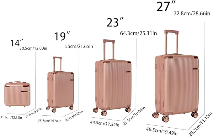 Merax Luggage Sets 4 Piece with Cosmetic Case TSA Lock, Hardside ABS Carry On Suitcase with YKK Zippers Lightweight Rolling Travel Luggage Sets with Spinner Wheels,14+20+24+28 IN,Rose Gold