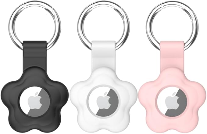 MC Fashion 3 Pack AirTag Holder for AirTag, Cute Flower Soft Silicone Protective Keychain Cover for Kids, Pets, Backpacks (Black+White+Pink)