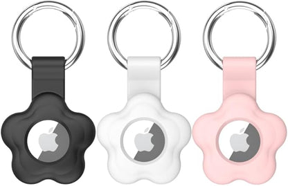 MC Fashion 3 Pack AirTag Holder for AirTag, Cute Flower Soft Silicone Protective Keychain Cover for Kids, Pets, Backpacks (Black+White+Pink)