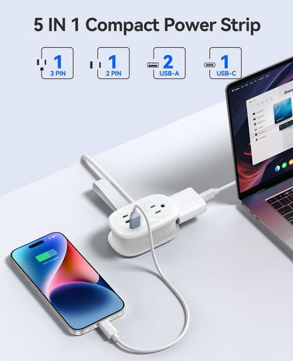 ORICO Travel Power Strip, 3.7FT Small Extension Cord, Portable Power Strip Flat Plug with 2 AC Outlets 3 USB Ports (1 USB C), Multi Plug Extension Cord for Travel, Cruise, Office, Hotels