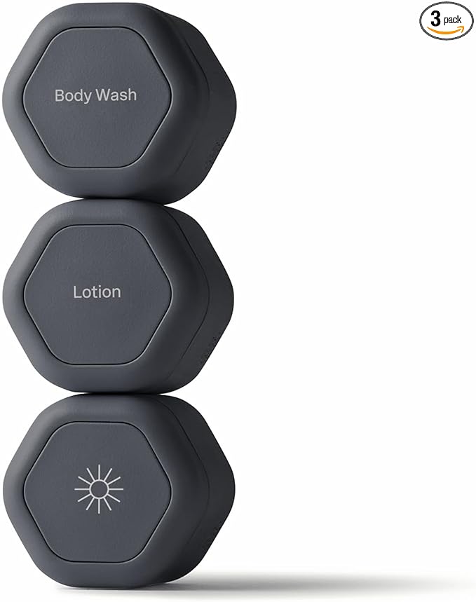 Cadence Travel Containers - Body Care Capsule Set - Magnetic Containers with Lids,Carry On Travel Essentials for Women/Men - 3 Flex Mediums (1.32oz) - Body Wash, Lotion & Sun Icon Labels - Charcoal
