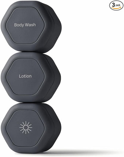 Cadence Travel Containers - Body Care Capsule Set - Magnetic Containers with Lids,Carry On Travel Essentials for Women/Men - 3 Flex Mediums (1.32oz) - Body Wash, Lotion & Sun Icon Labels - Charcoal