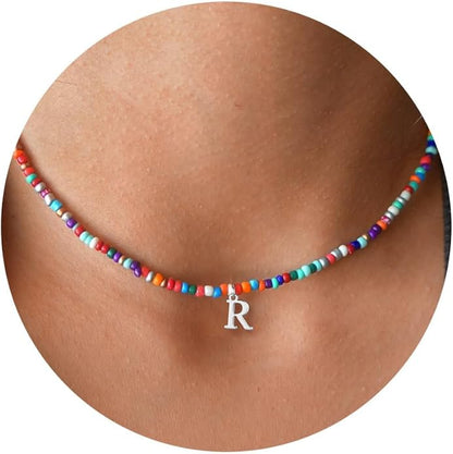 Yoosteel Christmas Gifts for Teen Girls Grandkids - Colorful Beaded Initial Necklace for Girls Jewelry A-Z Letter Choker Necklace Birthday Gifts Stocking Stuffers for Teenage Girl Women Gifts