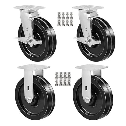 Heavy Duty Casters - Industrial Casters Phenolic Caster with Strong Load-Bearing Capacity 3000-6000 LB,Used in Furniture,WorkBrench,Tool Box, Equipment (8" Rigid+Brake, pcs, 4)