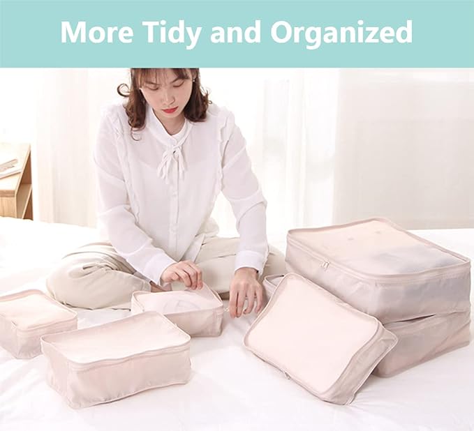 Packing cubes for Travel 6 Set Luggage Organizer Bags Packing Cubes for Suitcases Travel Essentials for Carry on Mesh Suitcase Organizer with Shoe Bag (cream)