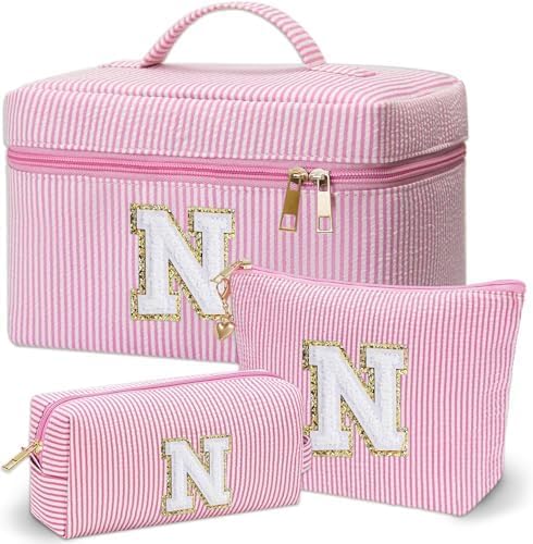 Personalized Monogram Makeup Bag, 3PCS Custom Monogrammed Toiletry Cosmetic Bag for 6-18 Teen Girls Women,Birthday Graduation Gifts Initial Pouch Makeup Bags for Women Girls, Make Up Bag (N, Pink)