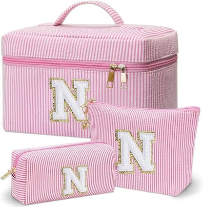 Personalized Monogram Makeup Bag, 3PCS Custom Monogrammed Toiletry Cosmetic Bag for 6-18 Teen Girls Women,Birthday Graduation Gifts Initial Pouch Makeup Bags for Women Girls, Make Up Bag (N, Pink)