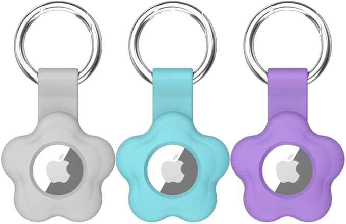 MC Fashion 3 Pack AirTag Holder for AirTag, Cute Flower Soft Silicone Protective Keychain Cover for Kids, Pets, Backpacks (Gray+Blue+Purple)